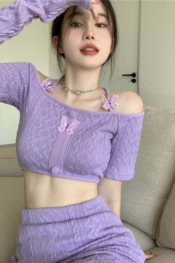 Y2K Soft Girl Knitted Matching Set Purple - 90s Grunge Summer Outfit, Retro Y2K Fashion