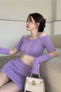 Y2K Soft Girl Knitted Matching Set Purple - 90s Grunge Summer Outfit, Retro Y2K Fashion