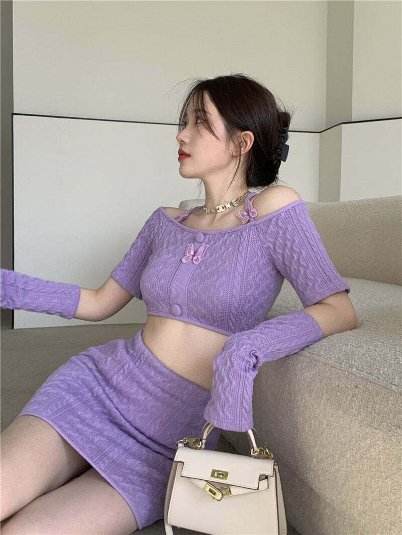 Y2K Soft Girl Knitted Matching Set Purple - 90s Grunge Summer Outfit, Retro Y2K Fashion