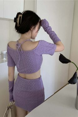 Y2K Soft Girl Knitted Matching Set Purple - 90s Grunge Summer Outfit, Retro Y2K Fashion