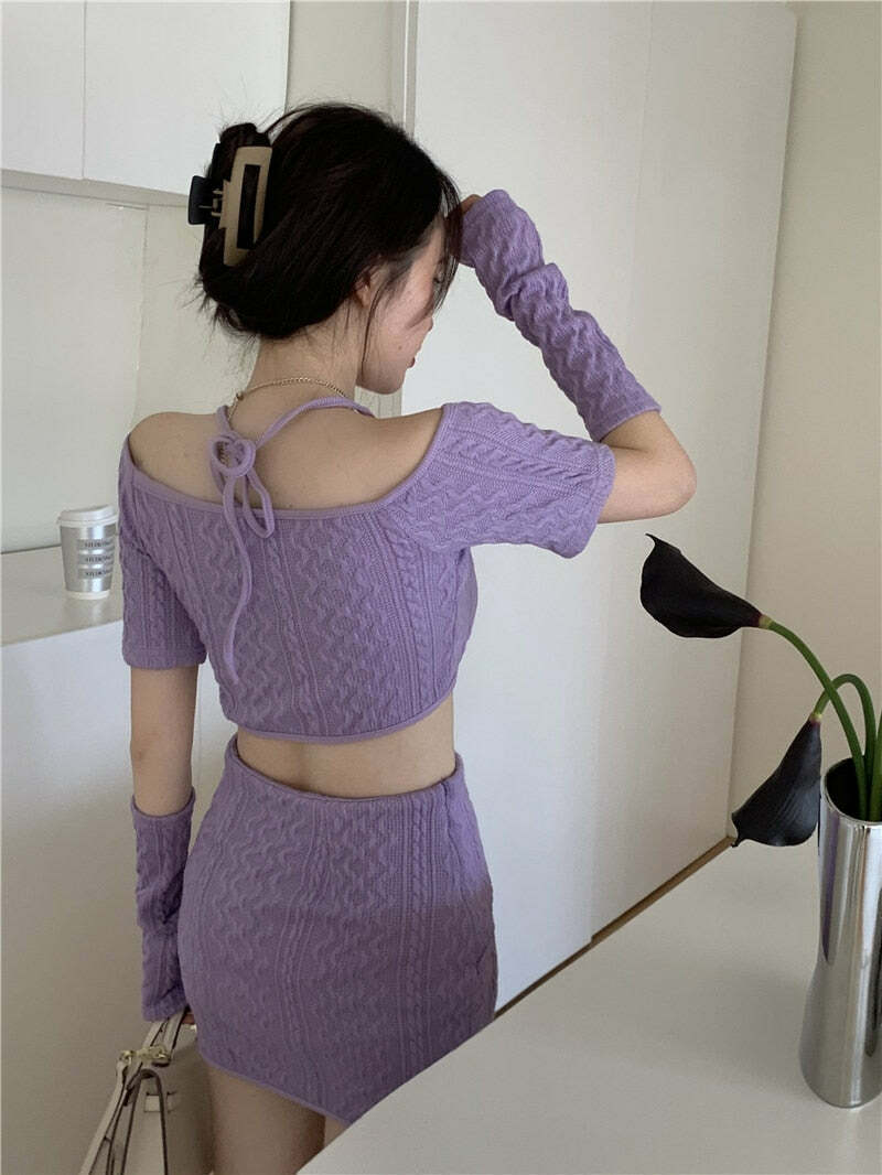 Y2K Soft Girl Knitted Matching Set Purple - 90s Grunge Summer Outfit, Retro Y2K Fashion
