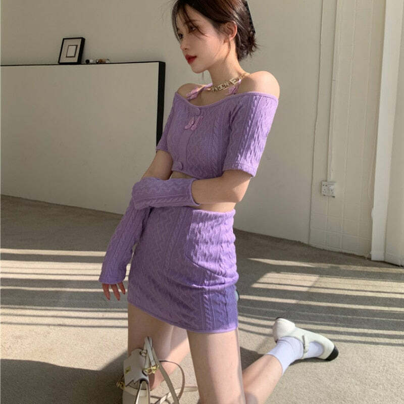 Y2K Soft Girl Knitted Matching Set Purple - 90s Grunge Summer Outfit, Retro Y2K Fashion