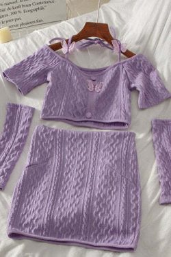 Y2K Soft Girl Knitted Matching Set Purple - 90s Grunge Summer Outfit, Retro Y2K Fashion