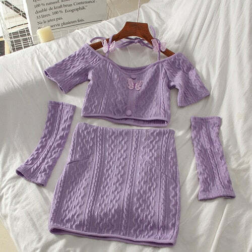 Y2K Soft Girl Knitted Matching Set Purple - 90s Grunge Summer Outfit, Retro Y2K Fashion