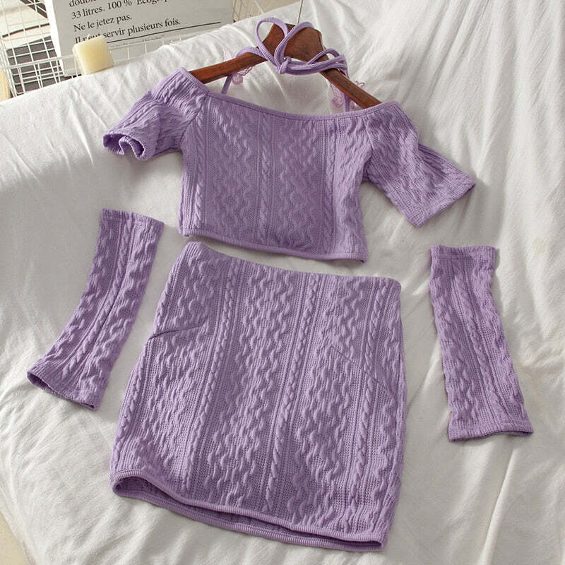 Y2K Soft Girl Knitted Matching Set Purple - 90s Grunge Summer Outfit, Retro Y2K Fashion