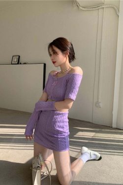 Y2K Soft Girl Knitted Matching Set Purple - 90s Grunge Summer Outfit, Retro Y2K Fashion
