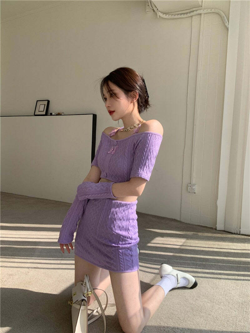 Y2K Soft Girl Knitted Matching Set Purple - 90s Grunge Summer Outfit, Retro Y2K Fashion