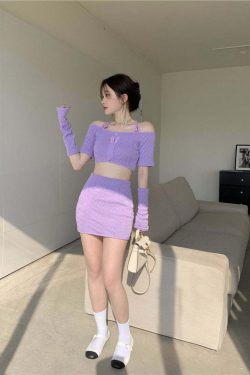 Y2K Soft Girl Knitted Matching Set Purple - 90s Grunge Summer Outfit, Retro Y2K Fashion