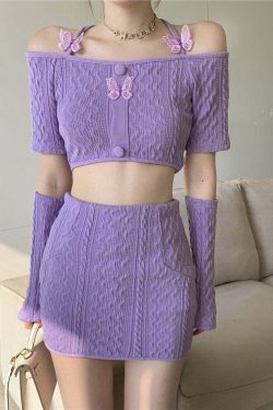 Y2K Soft Girl Knitted Matching Set Purple - 90s Grunge Summer Outfit, Retro Y2K Fashion