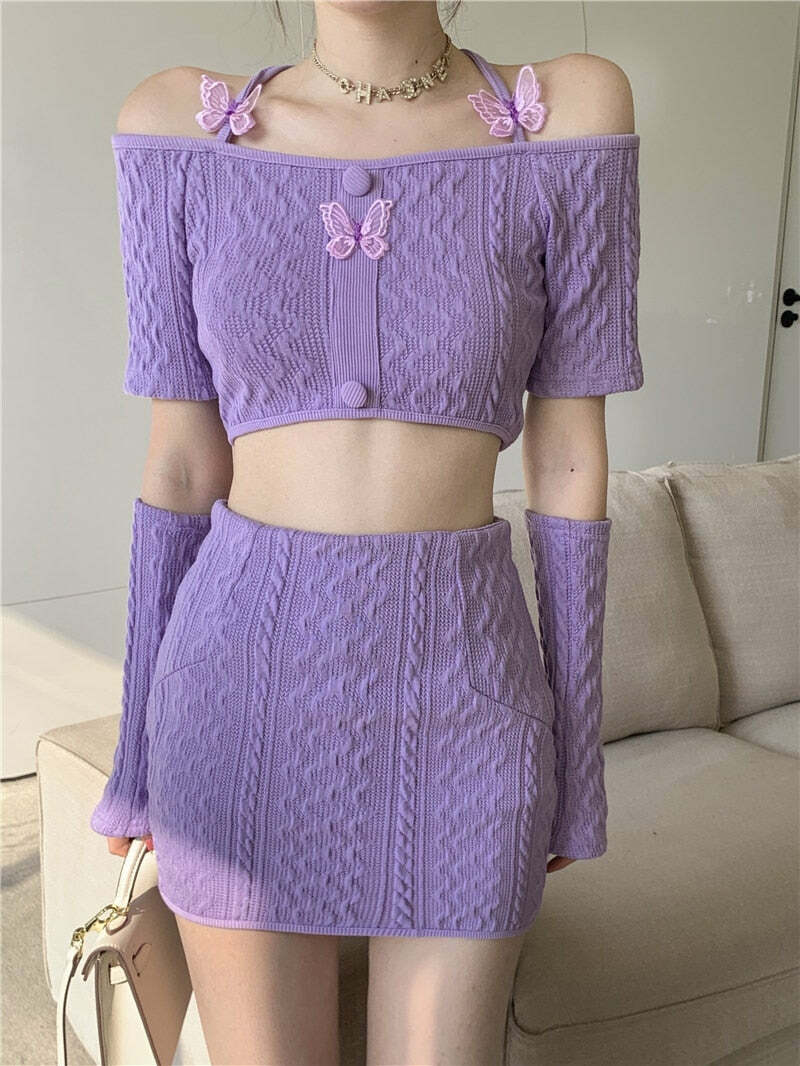 Y2K Soft Girl Knitted Matching Set Purple - 90s Grunge Summer Outfit, Retro Y2K Fashion