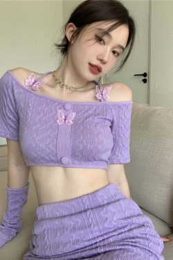 Y2K Soft Girl Knitted Matching Set Purple - 90s Grunge Summer Outfit, Retro Y2K Fashion