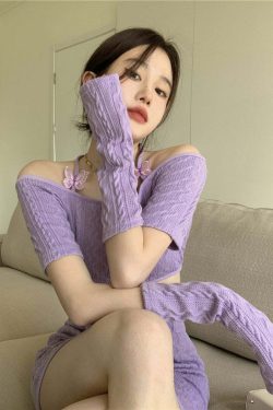 Y2K Soft Girl Knitted Matching Set Purple - 90s Grunge Summer Outfit, Retro Y2K Fashion
