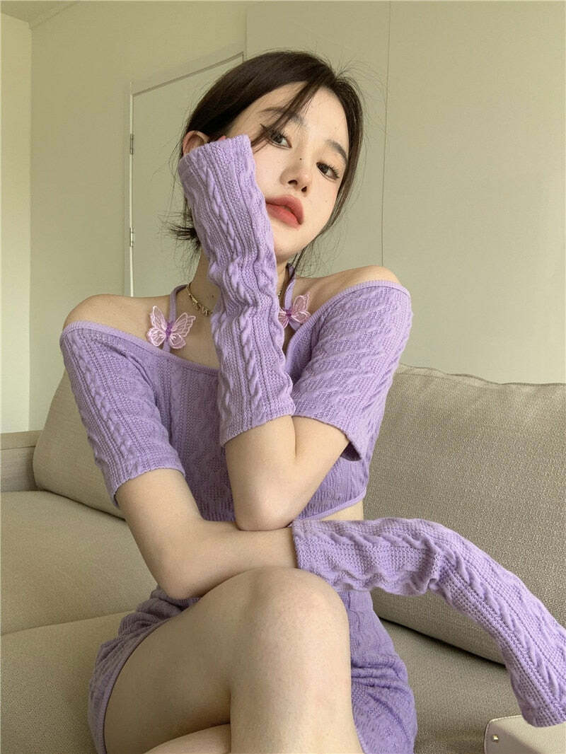 Y2K Soft Girl Knitted Matching Set Purple - 90s Grunge Summer Outfit, Retro Y2K Fashion