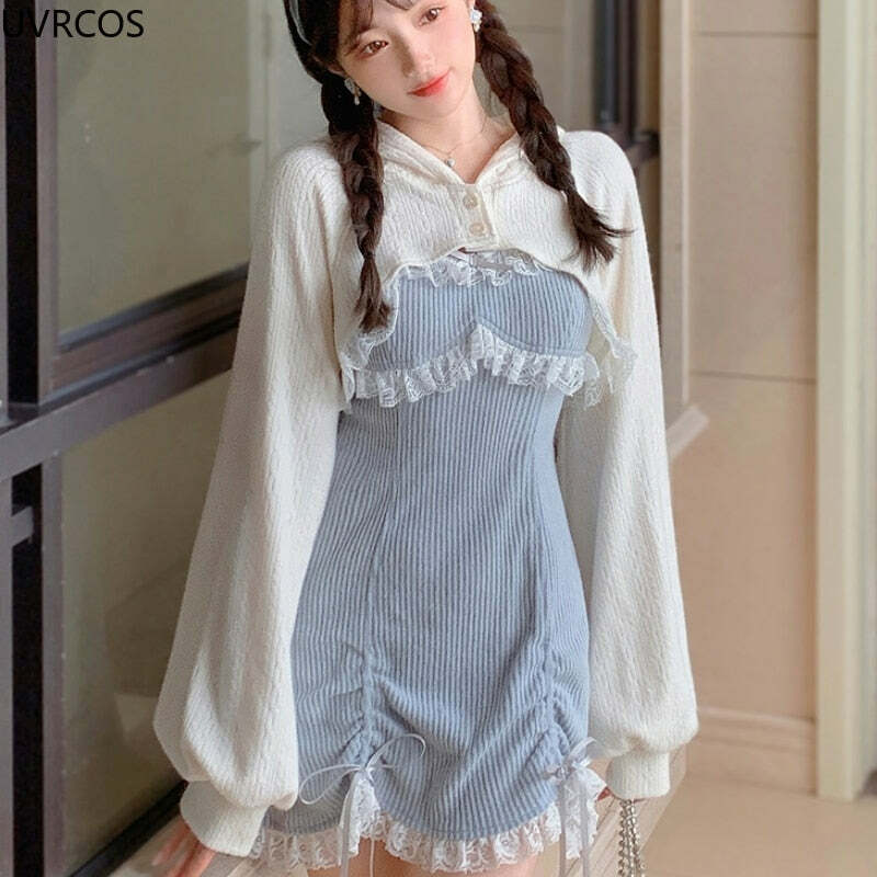 Y2K Soft Girl Lace Bows Blue Dress - Retro 90s Grunge Summer Outfit, Pastel Goth Fashion