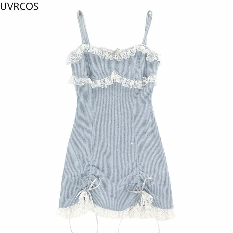 Y2K Soft Girl Lace Bows Blue Dress - Retro 90s Grunge Summer Outfit, Pastel Goth Fashion