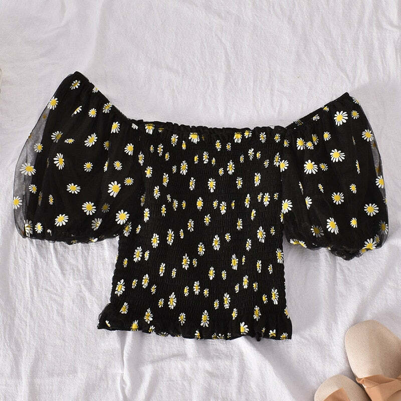 Y2K Soft Girl Ruffled Floral Top - Daisies | 90s Grunge, Retro Summer, Pastel Goth Fashion