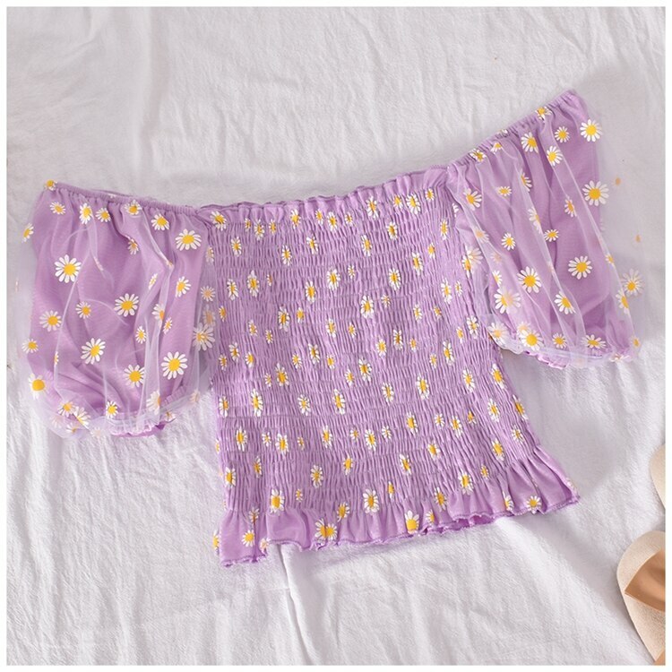 Y2K Soft Girl Ruffled Floral Top - Daisies | 90s Grunge, Retro Summer, Pastel Goth Fashion