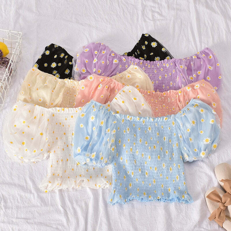 Y2K Soft Girl Ruffled Floral Top - Daisies | 90s Grunge, Retro Summer, Pastel Goth Fashion
