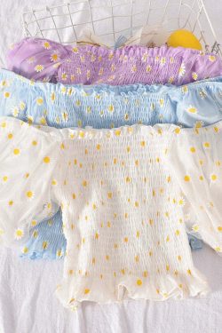Y2K Soft Girl Ruffled Floral Top - Daisies | 90s Grunge, Retro Summer, Pastel Goth Fashion