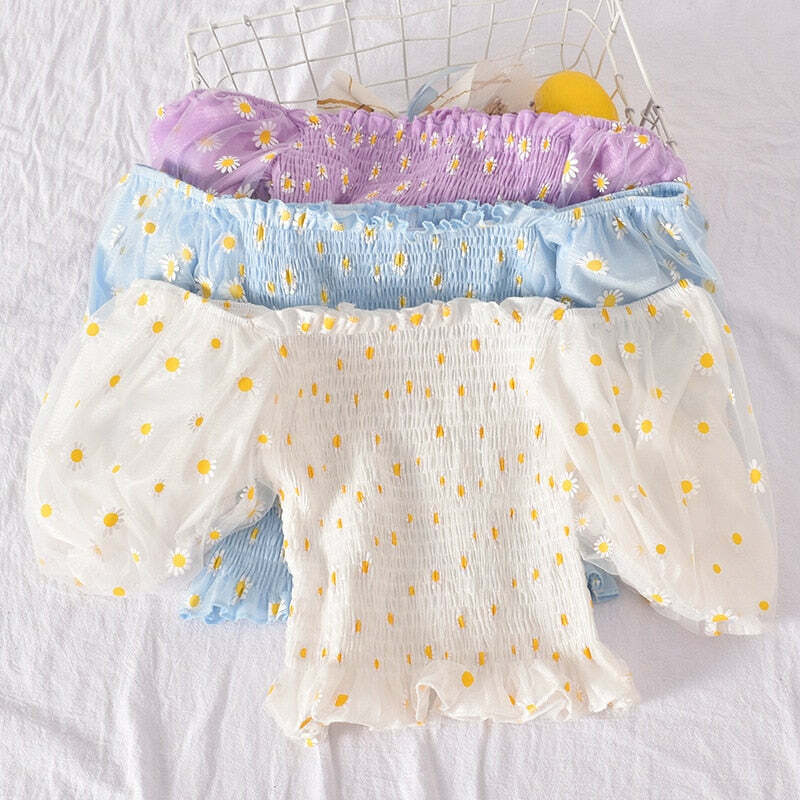 Y2K Soft Girl Ruffled Floral Top - Daisies | 90s Grunge, Retro Summer, Pastel Goth Fashion