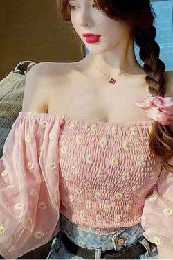 Y2K Soft Girl Ruffled Floral Top - Daisies | 90s Grunge, Retro Summer, Pastel Goth Fashion