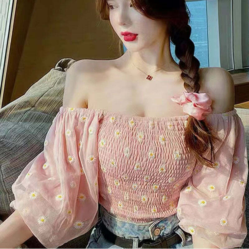 Y2K Soft Girl Ruffled Floral Top - Daisies | 90s Grunge, Retro Summer, Pastel Goth Fashion