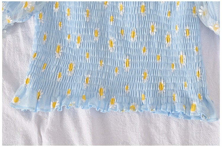 Y2K Soft Girl Ruffled Floral Top - Daisies | 90s Grunge, Retro Summer, Pastel Goth Fashion