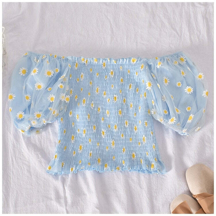 Y2K Soft Girl Ruffled Floral Top - Daisies | 90s Grunge, Retro Summer, Pastel Goth Fashion