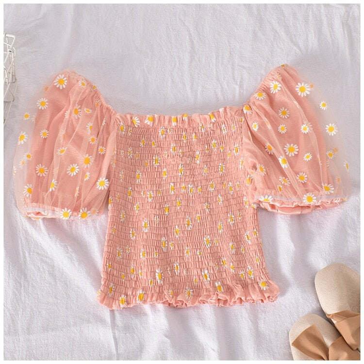 Y2K Soft Girl Ruffled Floral Top - Daisies | 90s Grunge, Retro Summer, Pastel Goth Fashion