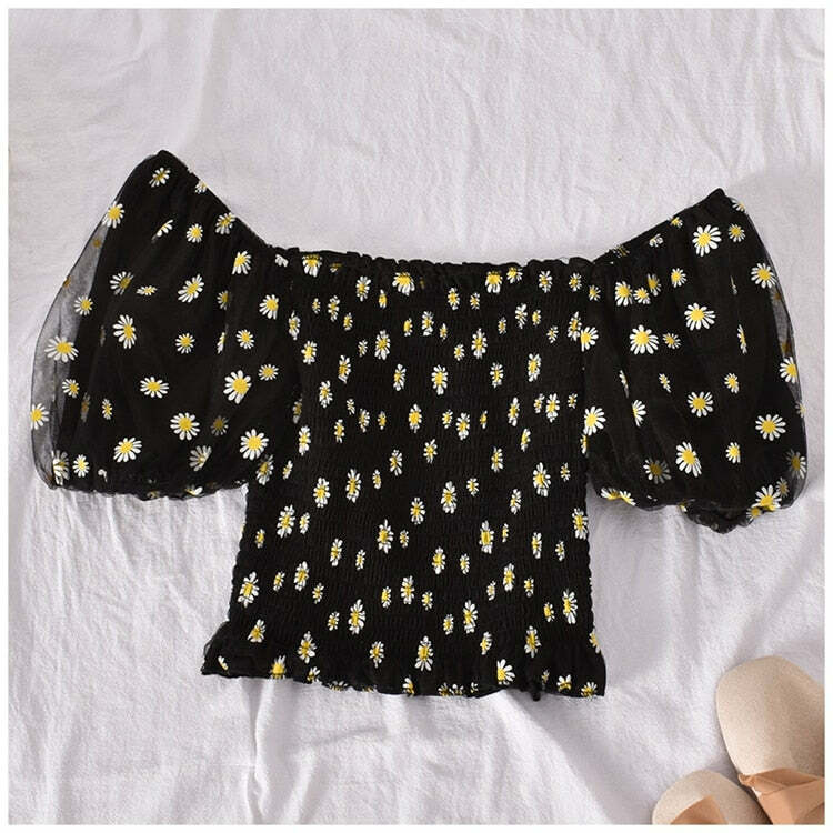 Y2K Soft Girl Ruffled Floral Top - Daisies | 90s Grunge, Retro Summer, Pastel Goth Fashion
