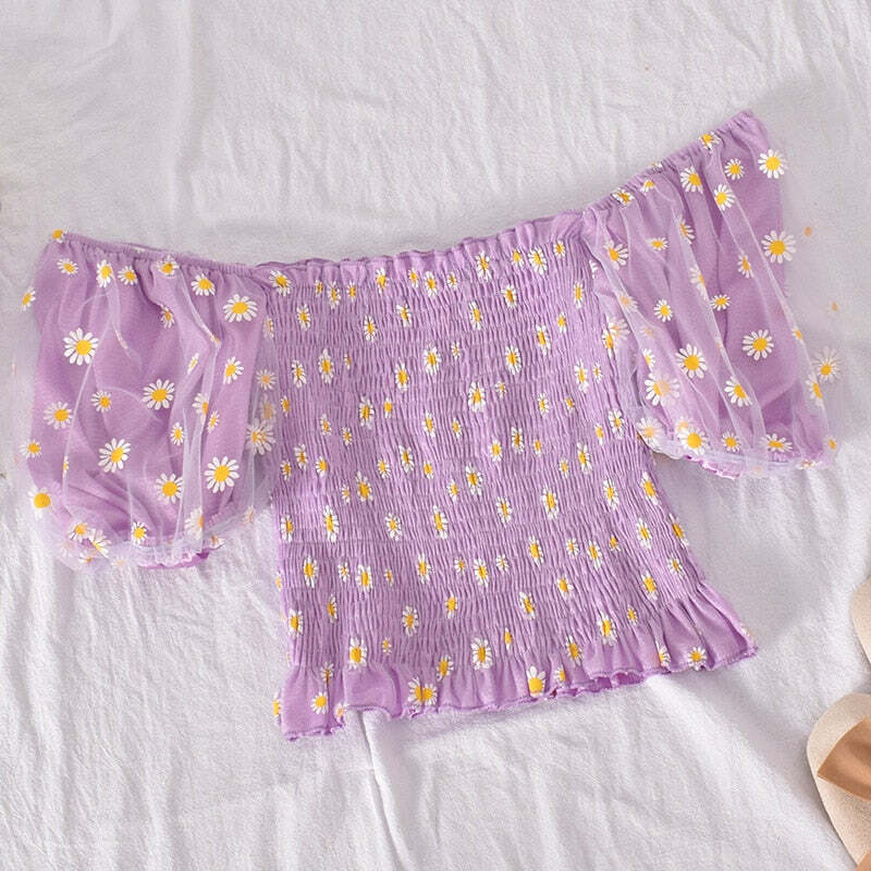 Y2K Soft Girl Ruffled Floral Top - Daisies | 90s Grunge, Retro Summer, Pastel Goth Fashion