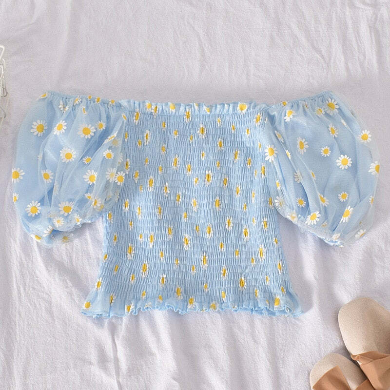 Y2K Soft Girl Ruffled Floral Top - Daisies | 90s Grunge, Retro Summer, Pastel Goth Fashion