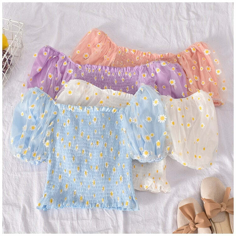 Y2K Soft Girl Ruffled Floral Top - Daisies | 90s Grunge, Retro Summer, Pastel Goth Fashion