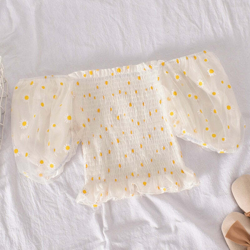 Y2K Soft Girl Ruffled Floral Top - Daisies | 90s Grunge, Retro Summer, Pastel Goth Fashion