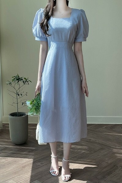 Y2K Squared Neck Puff Sleeve Dress - 90s Grunge, Retro Summer, Party & Club Outfits