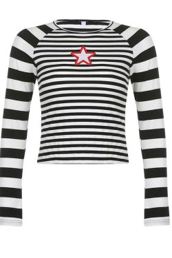 Y2K Star Striped Shirt - Retro 90s Grunge, Summer Y2K Outfits, Popstar & Club Fashion