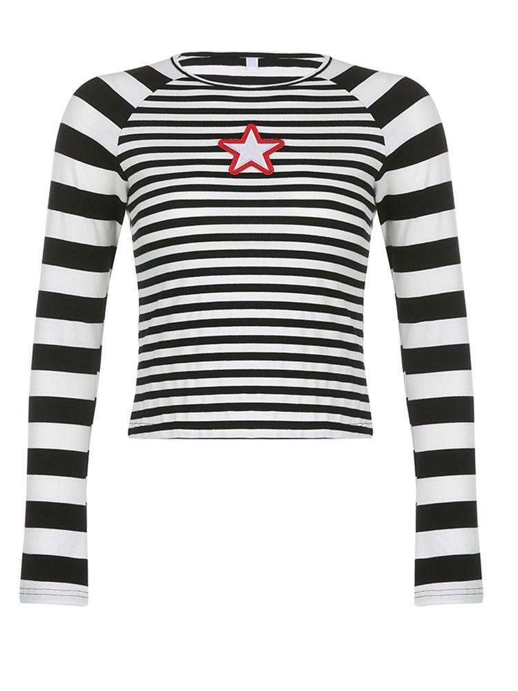 Y2K Star Striped Shirt - Retro 90s Grunge, Summer Y2K Outfits, Popstar & Club Fashion