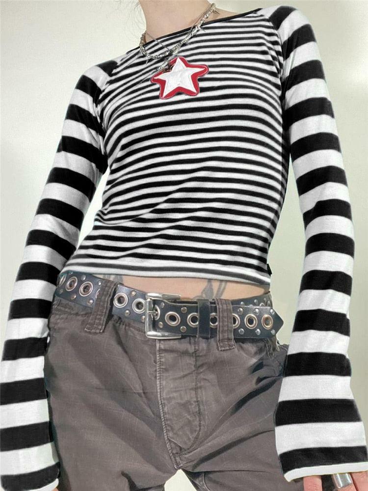 Y2K Star Striped Shirt - Retro 90s Grunge, Summer Y2K Outfits, Popstar & Club Fashion