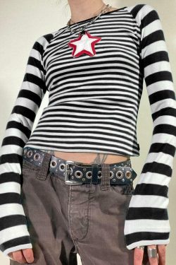 Y2K Star Striped Shirt - Retro 90s Grunge, Summer Y2K Outfits, Popstar & Club Fashion