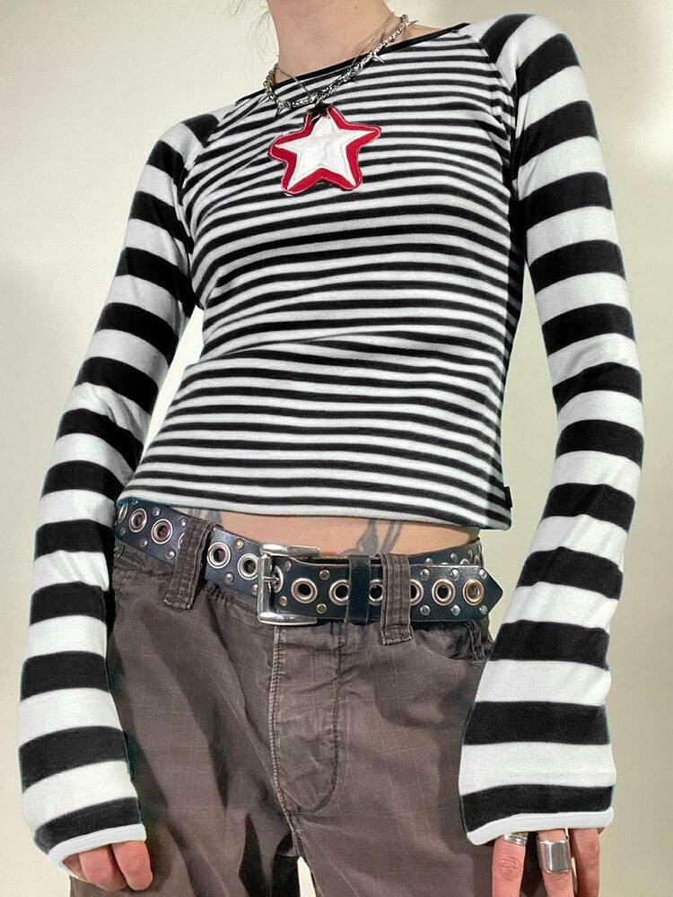 Y2K Star Striped Shirt - Retro 90s Grunge, Summer Y2K Outfits, Popstar & Club Fashion
