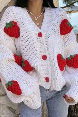 Y2K Strawberry Cardigan Sweater - Retro 90s Grunge, Pastel Goth, Summer Y2K Outfits