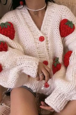 Y2K Strawberry Cardigan Sweater - Retro 90s Grunge, Pastel Goth, Summer Y2K Outfits