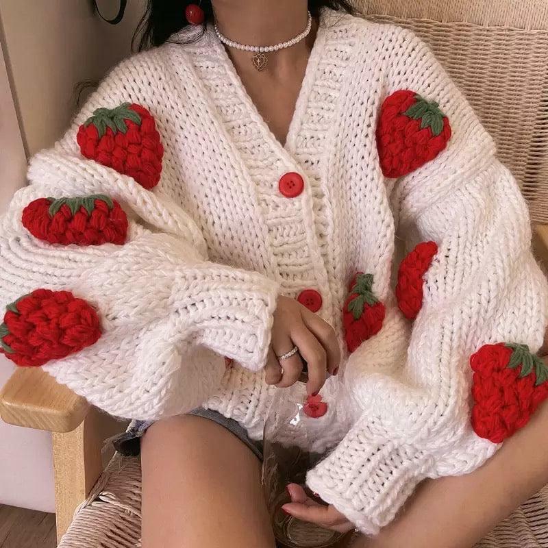 Y2K Strawberry Cardigan Sweater - Retro 90s Grunge, Pastel Goth, Summer Y2K Outfits