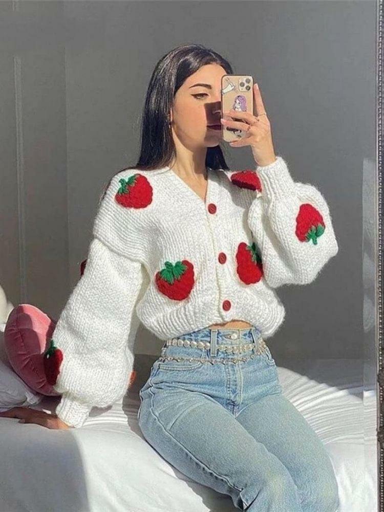 Y2K Strawberry Cardigan Sweater - Retro 90s Grunge, Pastel Goth, Summer Y2K Outfits