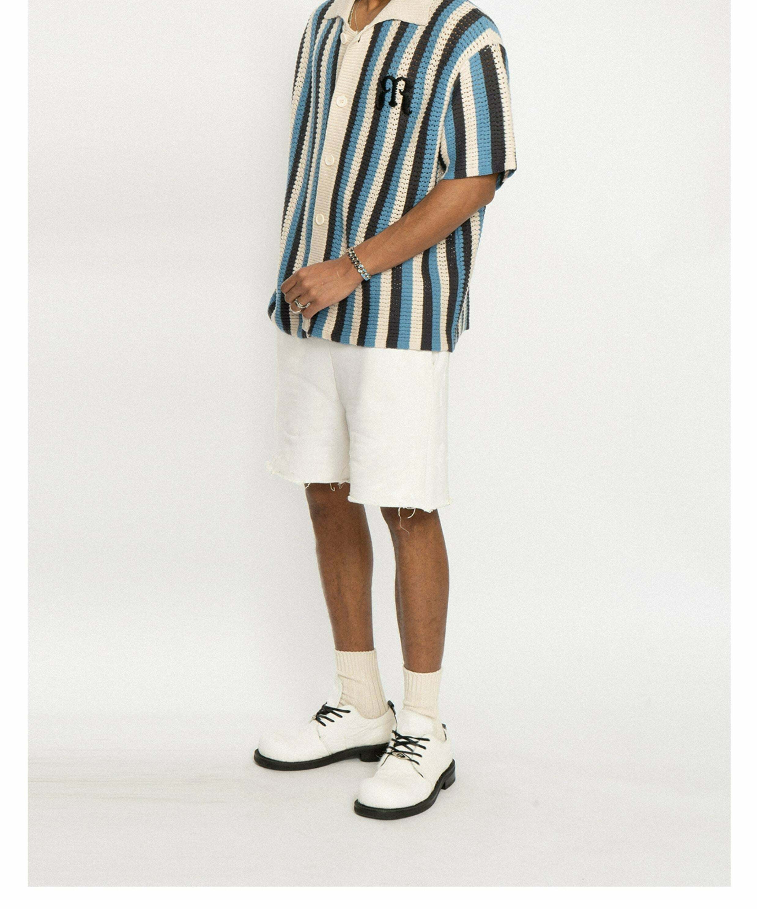 Y2K Striped Crochet Collar Shirt - Retro 90s Grunge, Summer Outfits, Y2K Fashion Essentials