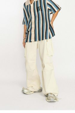 Y2K Striped Crochet Collar Shirt - Retro 90s Grunge, Summer Y2K Outfits, Pastel Goth Style