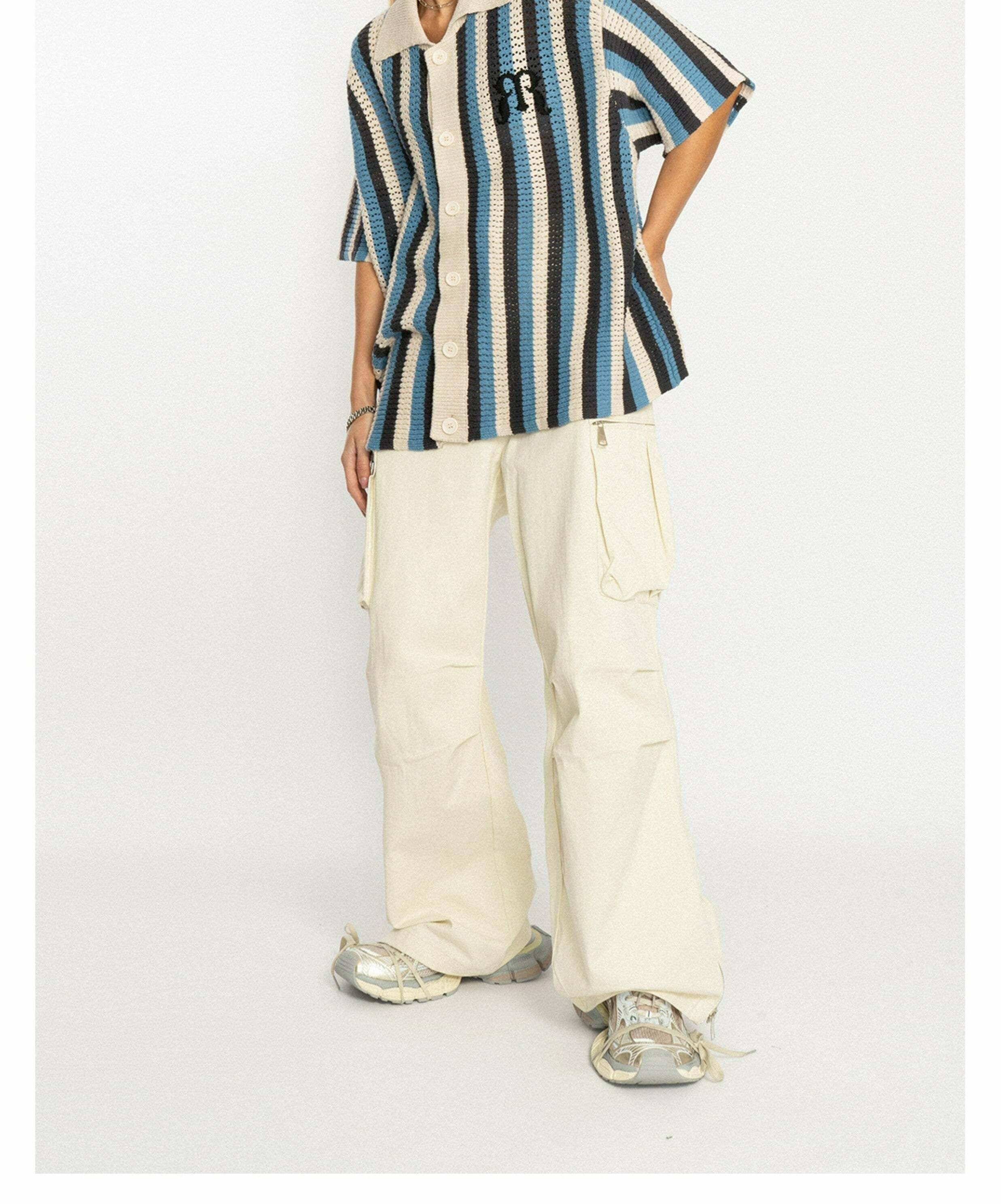 Y2K Striped Crochet Collar Shirt - Retro 90s Grunge, Summer Y2K Outfits, Pastel Goth Style