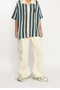 Y2K Striped Crochet Collar Shirt - Retro 90s Grunge, Summer Y2K Outfits, Pastel Goth Style