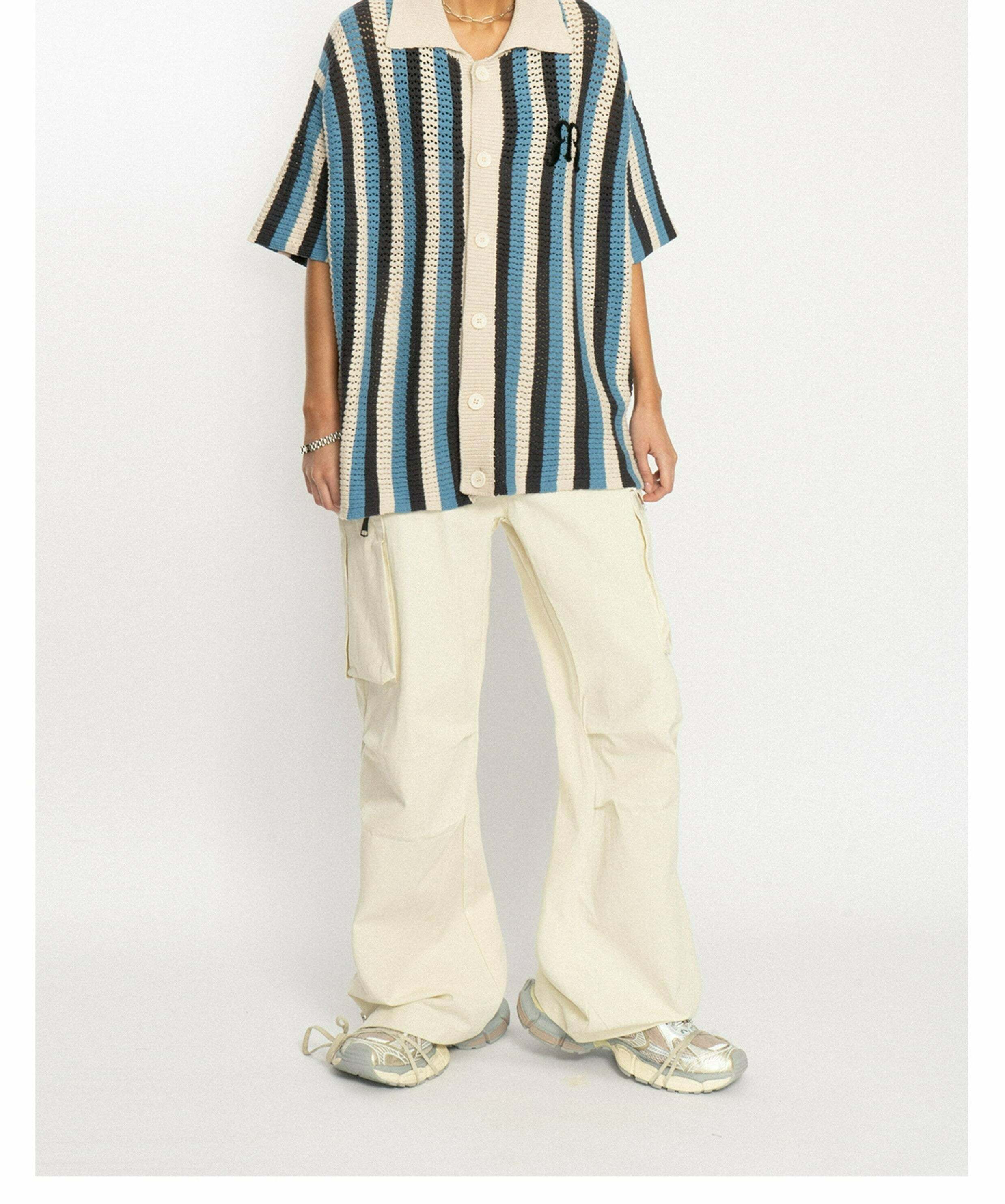Y2K Striped Crochet Collar Shirt - Retro 90s Grunge, Summer Y2K Outfits, Pastel Goth Style