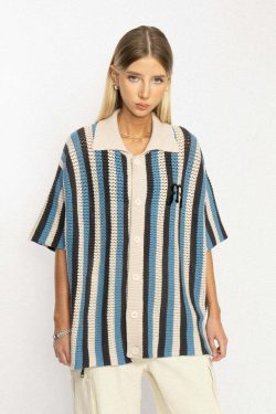 Y2K Striped Crochet Collar Shirt - Retro 90s Grunge, Summer Y2K Outfits, Pastel Goth Style